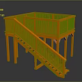 Orange Wooden Staircase With Landing Railing And Detailed Design Features