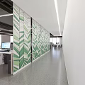 Modern Office Corridor Interior With Green And White Geometric Pattern Partitions And Ceiling Lighting 3d model