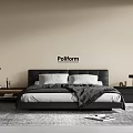 Modern Black Double Bed with Headboard Nightstands Table Lamp Poliform Beige Wall and Rug