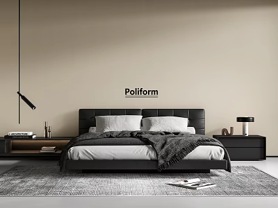 Modern Black Double Bed with Headboard Nightstands Table Lamp Poliform Beige Wall and Rug 3d model