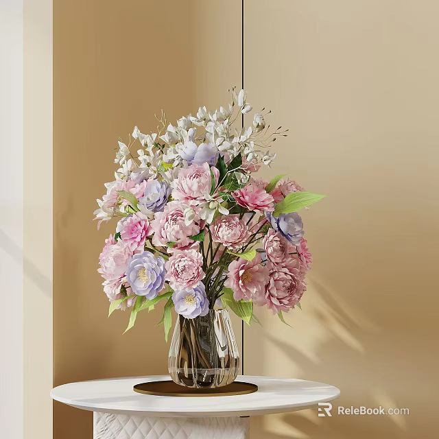 Elegant Pink Purple White Flowers with Green Leaves in Transparent Glass Vase on Table 3d model 
