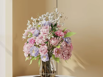 Elegant Pink Purple White Flowers with Green Leaves in Transparent Glass Vase on Table 3d model