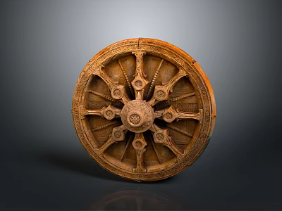 Ancient Wooden Wheel With Intricate Carved Spokes And Decorative Design 3d model