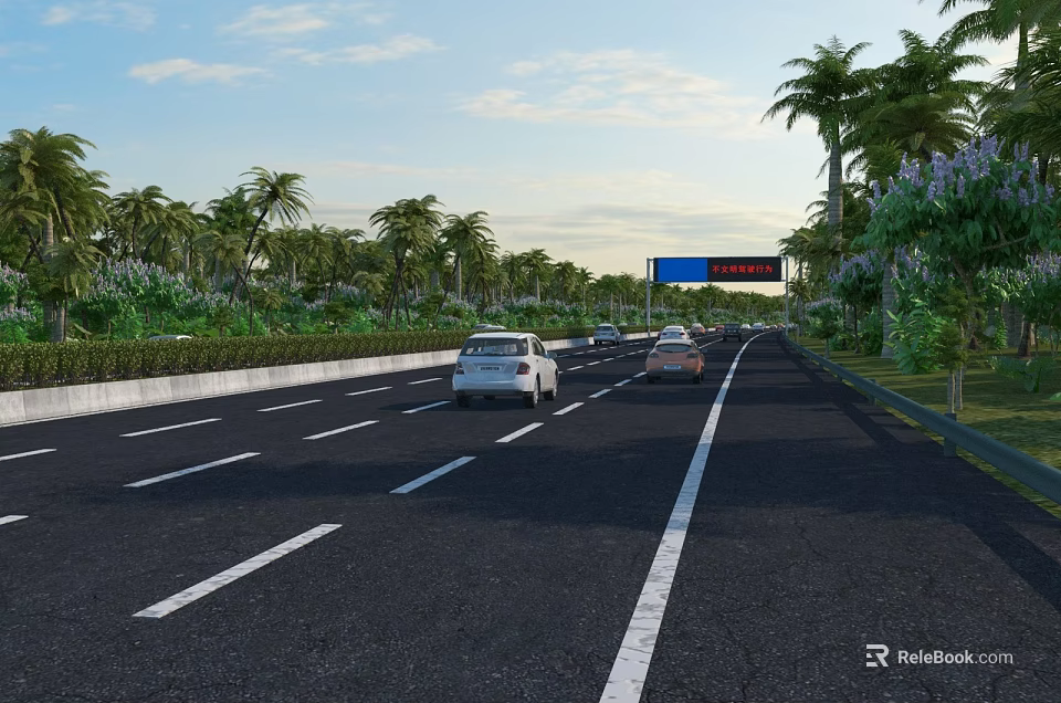 Highway Road Infrastructure with Traffic Billboard Multiple Lanes Vehicles and Palm Trees 3d model 