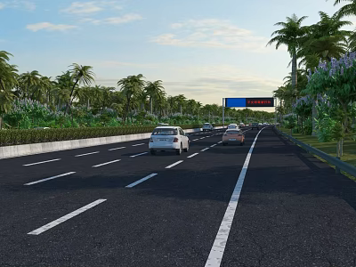 Highway Road Infrastructure with Traffic Billboard Multiple Lanes Vehicles and Palm Trees 3d model