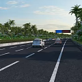 Highway Road Infrastructure with Traffic Billboard Multiple Lanes Vehicles and Palm Trees