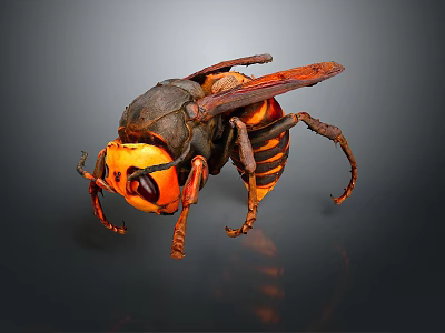 Detailed Wasp Closeup With Orange Head Black Orange Striped Body Wings On Dark Background 3d model