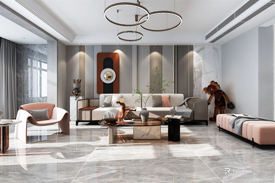 Modern Living Room Interior With Circular Chandeliers Sofa Coffee Table Plants And Decorative Mirror 3d model 