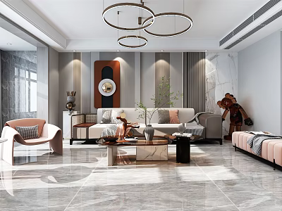 Modern Living Room Interior With Circular Chandeliers Sofa Coffee Table Plants And Decorative Mirror 3d model