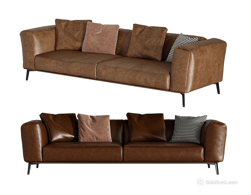 Modern Brown Leather Sectional Sofa With Multiple Decorative Pillows And Black Legs 3d model 