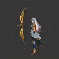 3D Render Fantasy Character With Purple Hair And Flaming Bow In Ornate Costume Back View