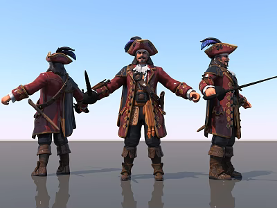 Pirate Characters With Ornate Red Coats Tricorne Hats And Swords In Three Angles 3d model