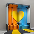 Modern Background Wall Featuring Orange Blue Vertical Strips And Yellow Heart Shape 3d model