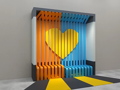 Modern Background Wall Featuring Orange Blue Vertical Strips And Yellow Heart Shape 3d model