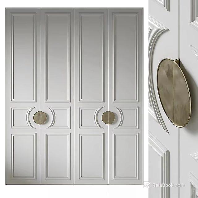 Modern White Paneled Wardrobe Door Design With Circular Metal Handles 3d model 