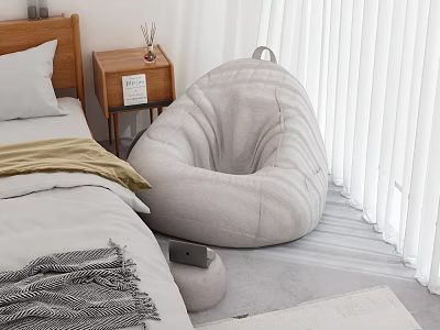 Gray Bean Bag Chair in Modern Bedroom with Bed Nightstand Ottoman Tablet and White Blinds 3d model
