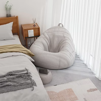 Gray Bean Bag Chair in Modern Bedroom with Bed Nightstand Ottoman Tablet and White Blinds 3d model