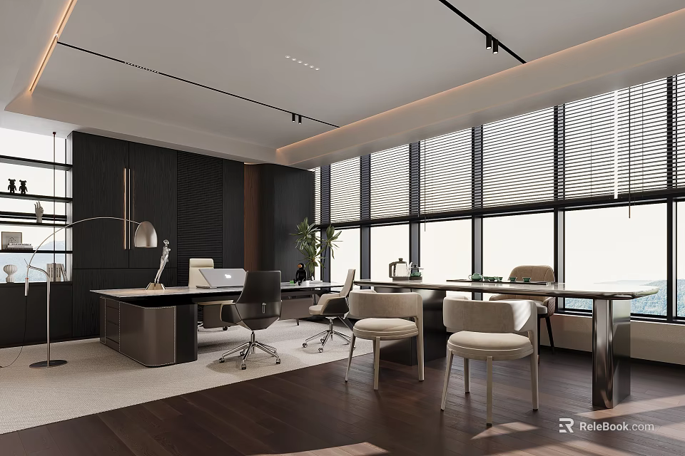 Modern Office Interior With Large Windows Work Desks Ergonomic Chairs And Green Plants 3d model 