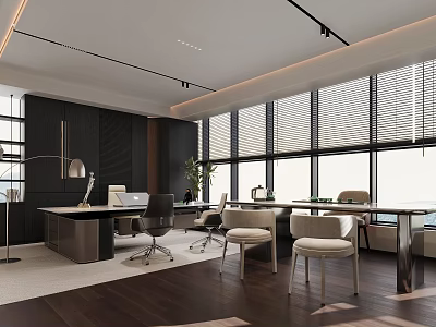 Modern Office Interior With Large Windows Work Desks Ergonomic Chairs And Green Plants 3d model
