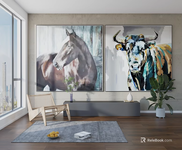 Horse And Cow Animal Paintings In Modern Living Room 3d model 