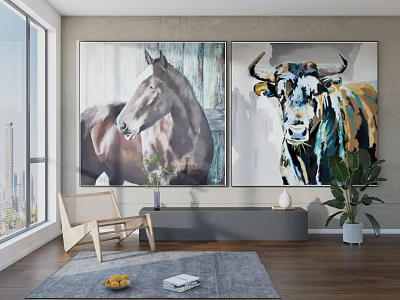 Horse And Cow Animal Paintings In Modern Living Room 3d model