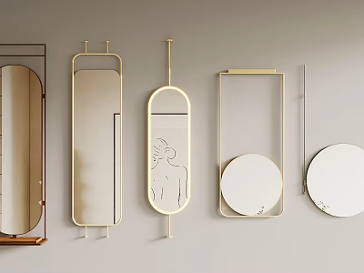 Modern Decorative Mirrors With Various Shapes And Gold Frames On Wall 3d model