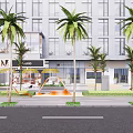 Modern Commercial Building Exterior With Glass Curtain Wall Palm Trees Outdoor Seating And Yellow Umbrellas