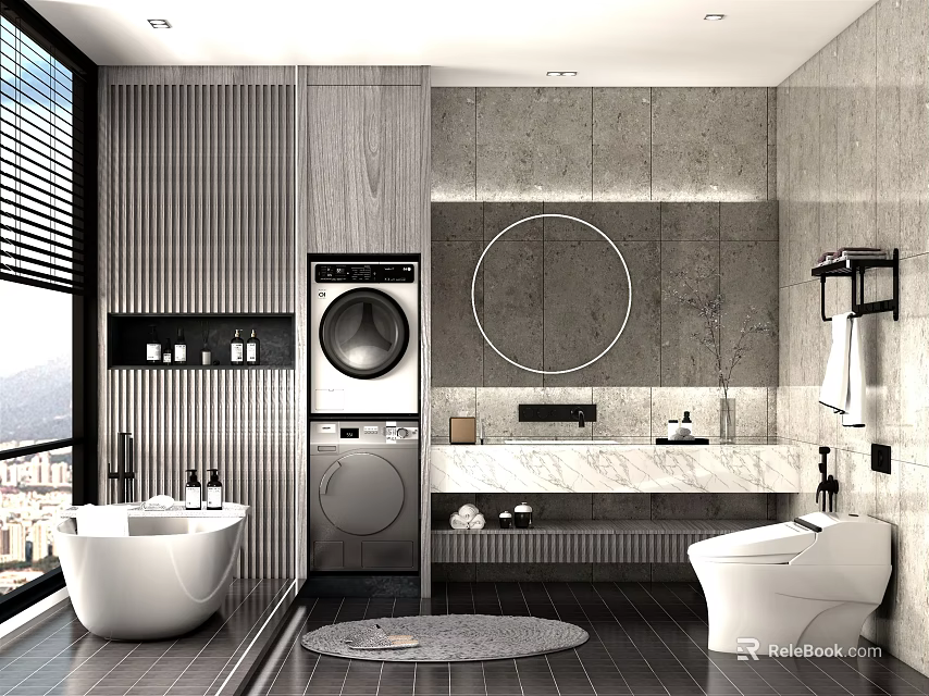 Modern Bathroom Interior With Bathtub Washing Machine Round Mirror And Marble Countertop 3d model 