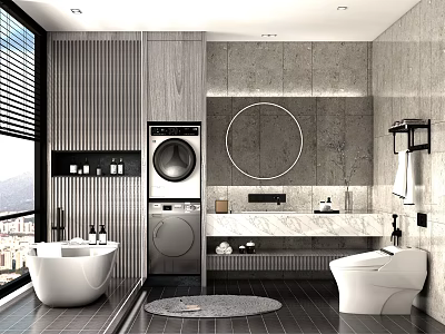Modern Bathroom Interior With Bathtub Washing Machine Round Mirror And Marble Countertop 3d model