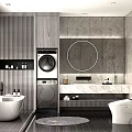 Modern Bathroom Interior With Bathtub Washing Machine Round Mirror And Marble Countertop