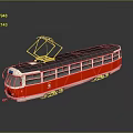 Vintage Red And White Tram Model With Yellow Pantograph Side Windows On Reflective Surface