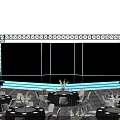 Event Stage Setup With Logo Screen Lighting Beams Tables And Flower Vases