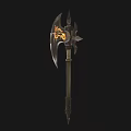 Ornate Battle Axe Weapon With Flame Pattern Circular Symbol And Long Handle