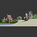Ancient Village Scene With Stone Cottages Walls Green Trees Winding Path And River