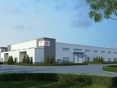 Modern Industrial Factory Building Exterior Design With AS Logo Landscaped Lawns Trees And Parking Area 3d model