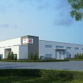 Modern Industrial Factory Building Exterior Design With AS Logo Landscaped Lawns Trees And Parking Area