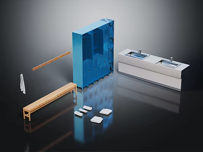 Functional Furniture Set Including Blue Locker Wooden Bench Stainless Steel Sink Counter And Hanger 3d model