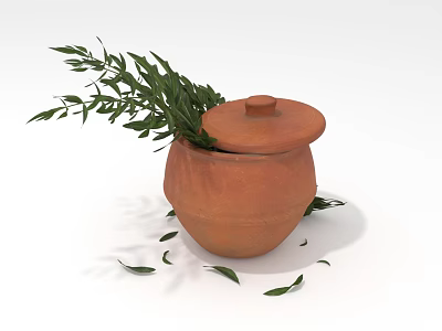 Terracotta Pot With Open Lid And Fresh Green Leaves Scattered Around 3d model