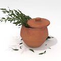 Terracotta Pot With Open Lid And Fresh Green Leaves Scattered Around