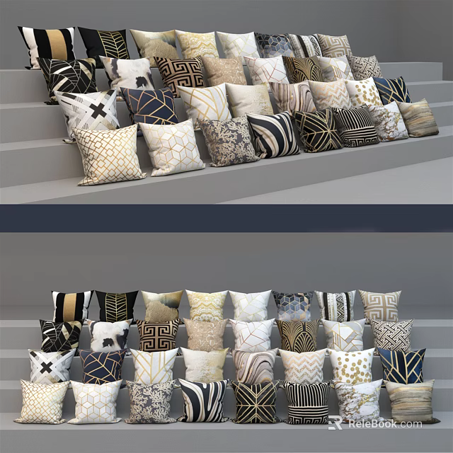 Diverse Patterned Pillows In Black White Beige And Brown Tones Arranged On Stairs 3d model 