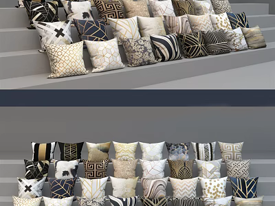 Diverse Patterned Pillows In Black White Beige And Brown Tones Arranged On Stairs 3d model