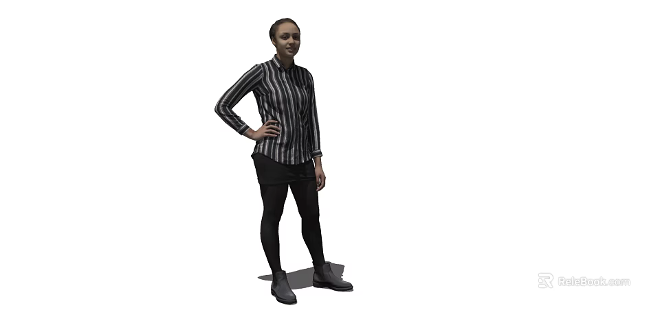Woman In Striped Shirt Black Skirt And Black Leggings With Hand On Hip 3d model 