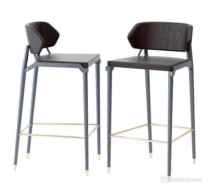 Two Modern Bar Stools With Dark Backrest And Metal Legs Featuring Golden Details 3d model 