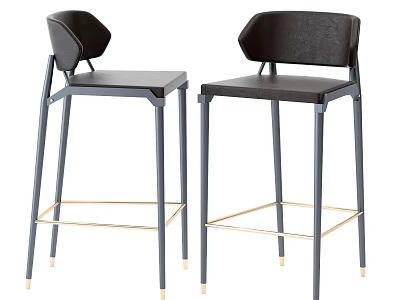Two Modern Bar Stools With Dark Backrest And Metal Legs Featuring Golden Details 3d model