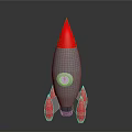 Space Rocket With Silver Body Red Tip Fins And Circular Window Design