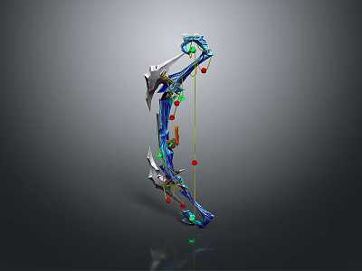 Fantasy Blue Bow Weapon With Green Gemstones Red Beads And Silver Metal Parts 3d model