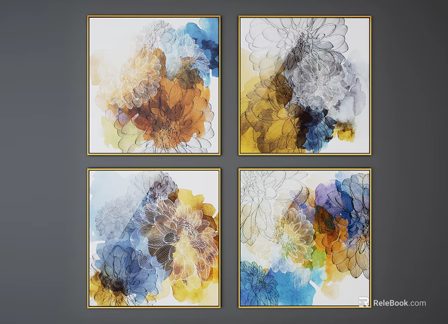 Four Abstract Paintings With Colorful Blue Yellow Brown Tones And Golden Frames 3d model 
