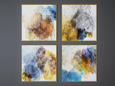 Four Abstract Paintings With Colorful Blue Yellow Brown Tones And Golden Frames 3d model