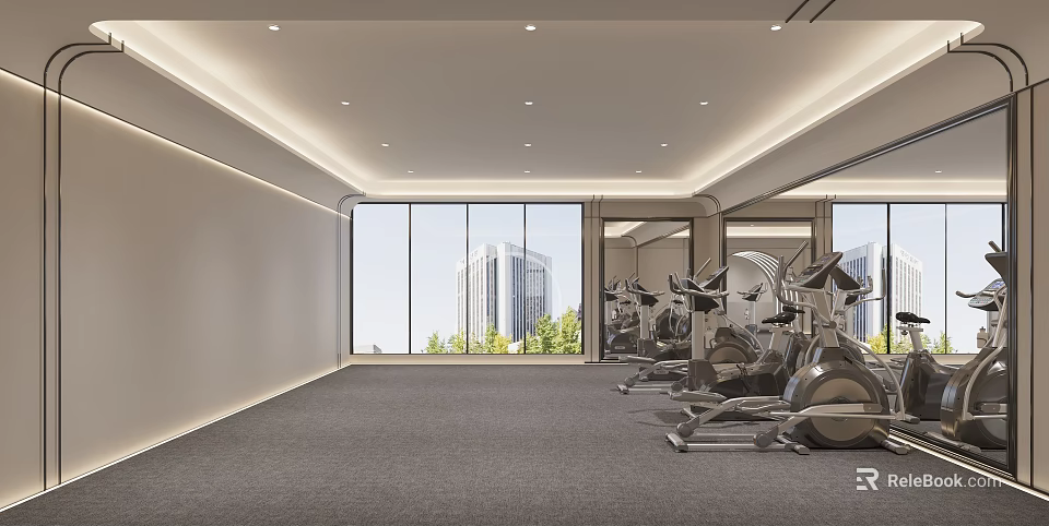 Spacious Fitness Gym With Modern Exercise Equipment Large Windows Urban View And Gray Carpet 3d model 