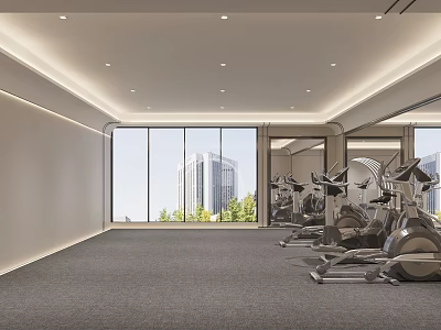 Spacious Fitness Gym With Modern Exercise Equipment Large Windows Urban View And Gray Carpet 3d model